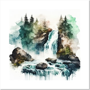 Green and Blue Watercolor Waterfall Posters and Art